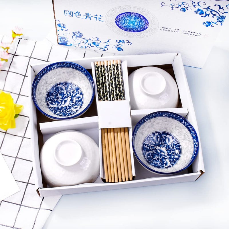 Whitenesser Chinese Bowl and Chopsticks Set of 4 for Rice Soup Sauce Sushi Blue and White Porcelain Cereal Bowls with Delicate Box As a tableware - Image 2